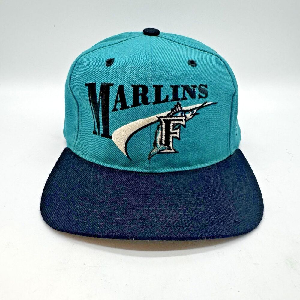 Vintage Florida Marlins MLB Logo Ball Cap Black Teal Drew Pearson Snapback Hat